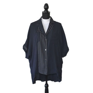 A4 Auth LATTELIER Deep Navy With Black & White Striped Panel Short Sleeve Top M